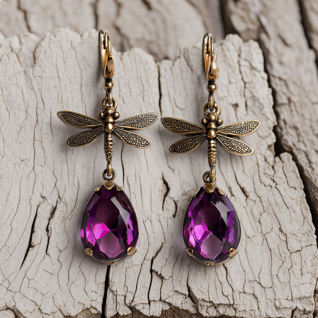 Vintage Dragonfly Drop Earrings – Antique Bronze with Purple Teardrop Crystal