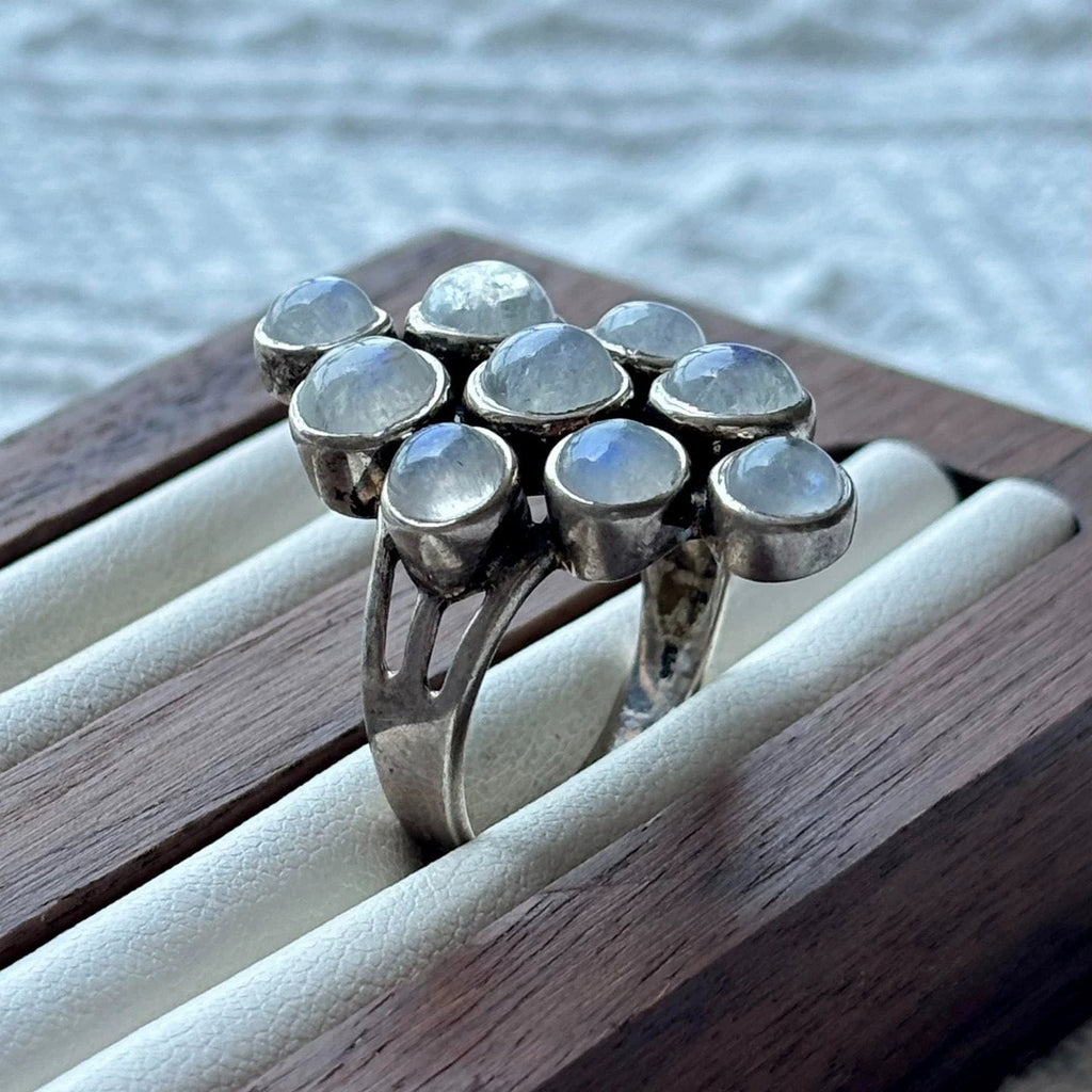 Moonstone Cluster Statement Ring – Sterling Silver Nine-Stone Celestial Goddess Ring