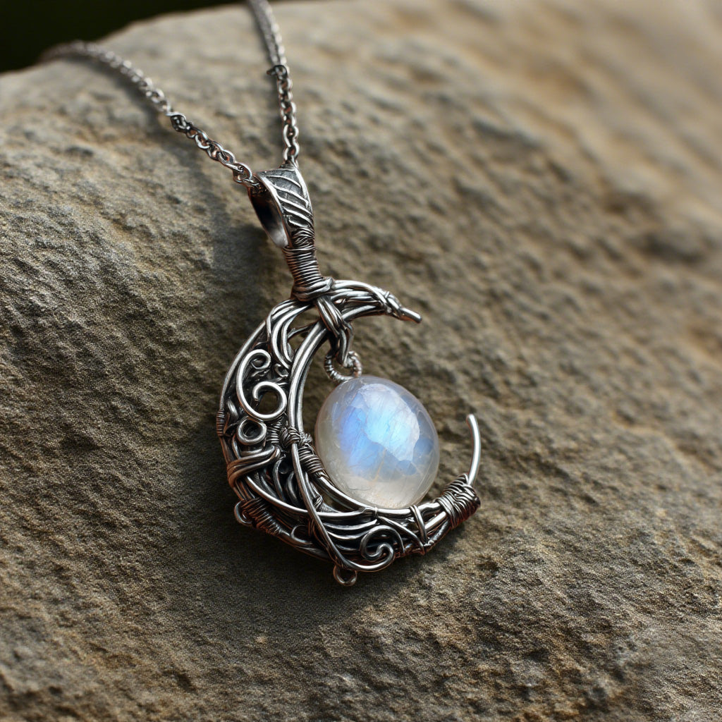 Handcrafted Crescent Moon Necklace with Rainbow Moonstone – Wire Wrapped Silver Lunar Pendant
