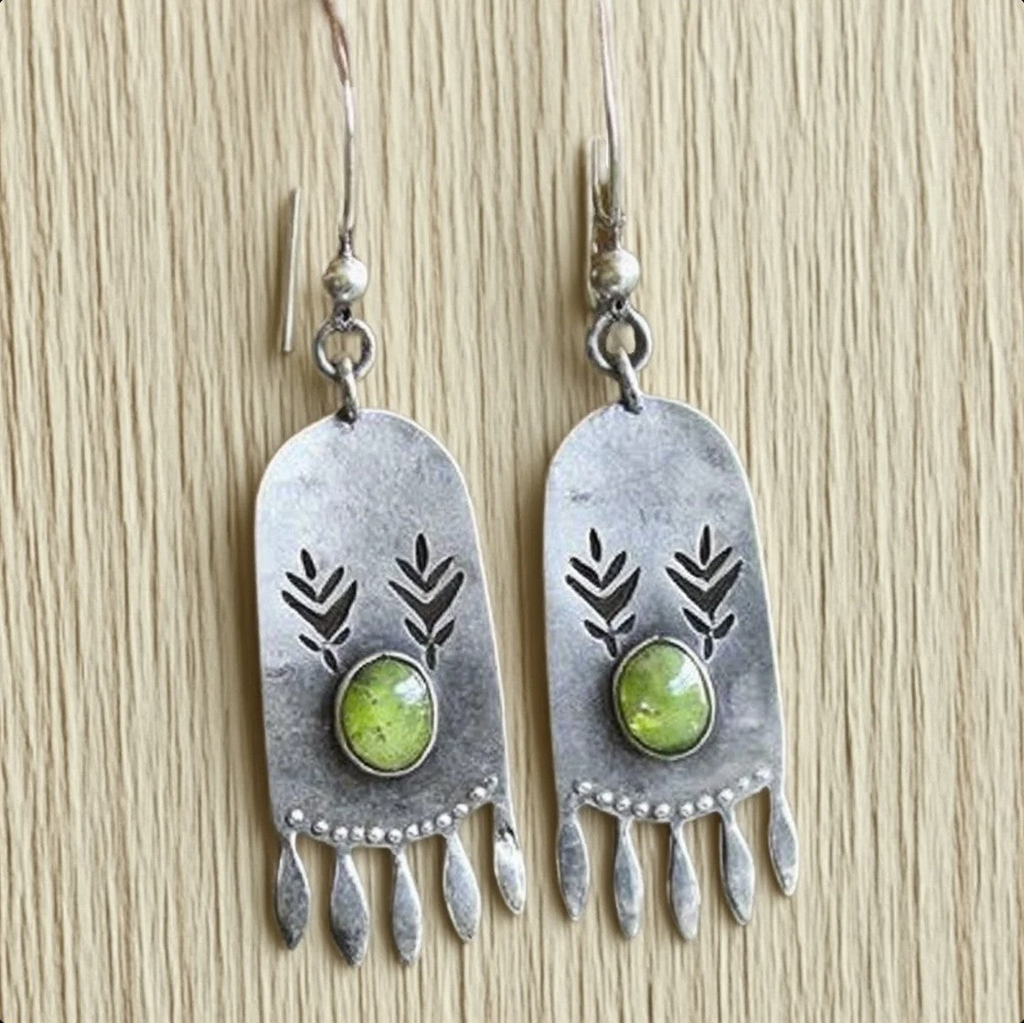 Tribal-Inspired Silver Dangle Earrings with Green Stone and Leaf Etching