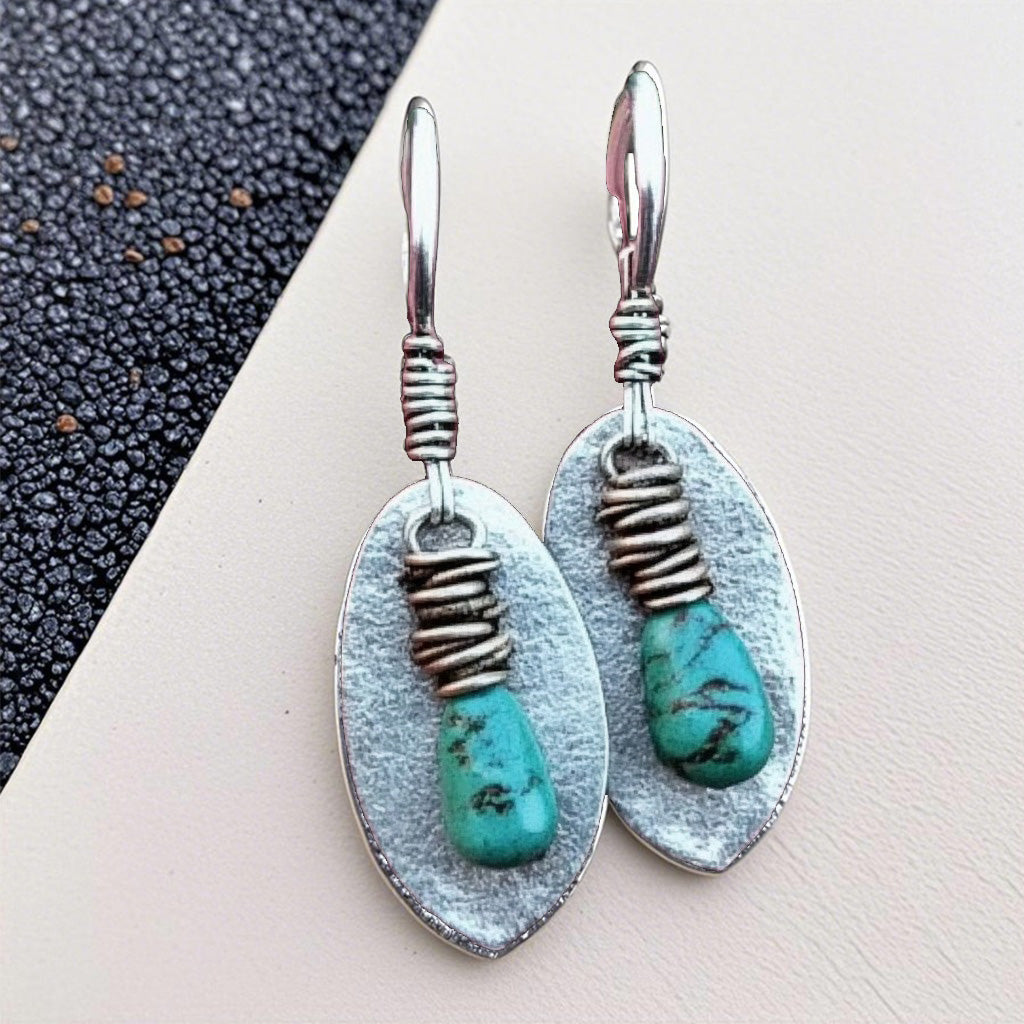 Handmade Turquoise Drop Earrings – Rustic Oval Dangle Earrings with Wrapped Wire Detai