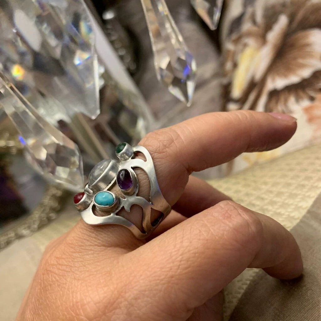Handcrafted Sterling Silver Multi-Gemstone Ring with Unique Design