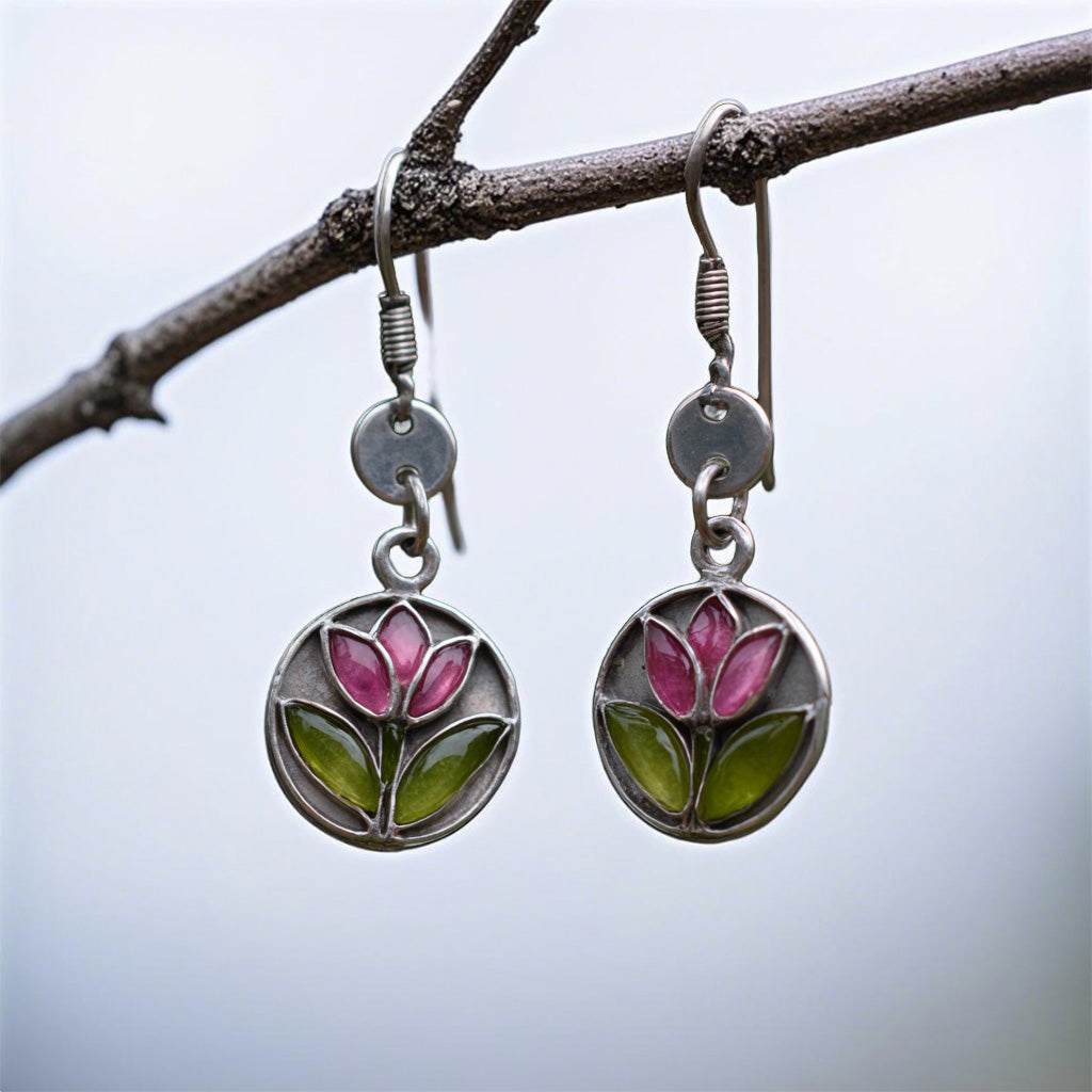 Stained Glass Flower Earrings – Pink & Green Enamel Floral Dangles in Silver Frame