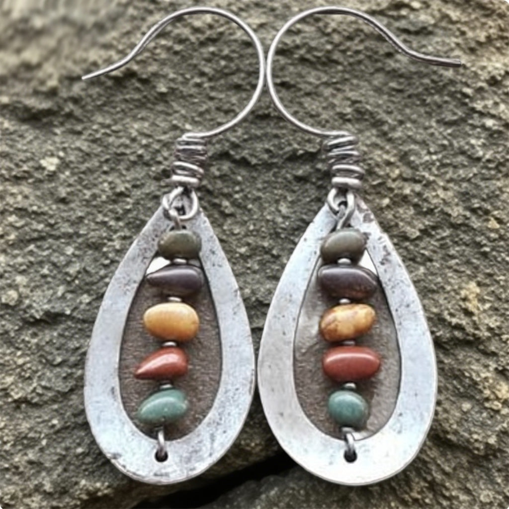 Boho Teardrop Metal Earrings with Multicolor Stone Beads