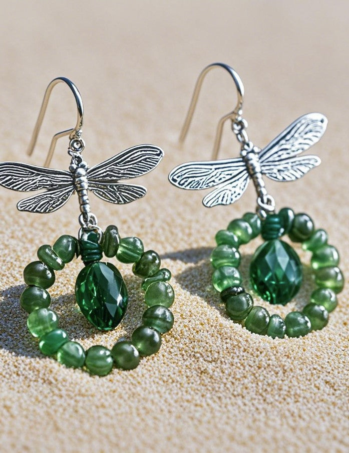 Nature-Inspired Dragonfly & Green Bead Drop Earrings