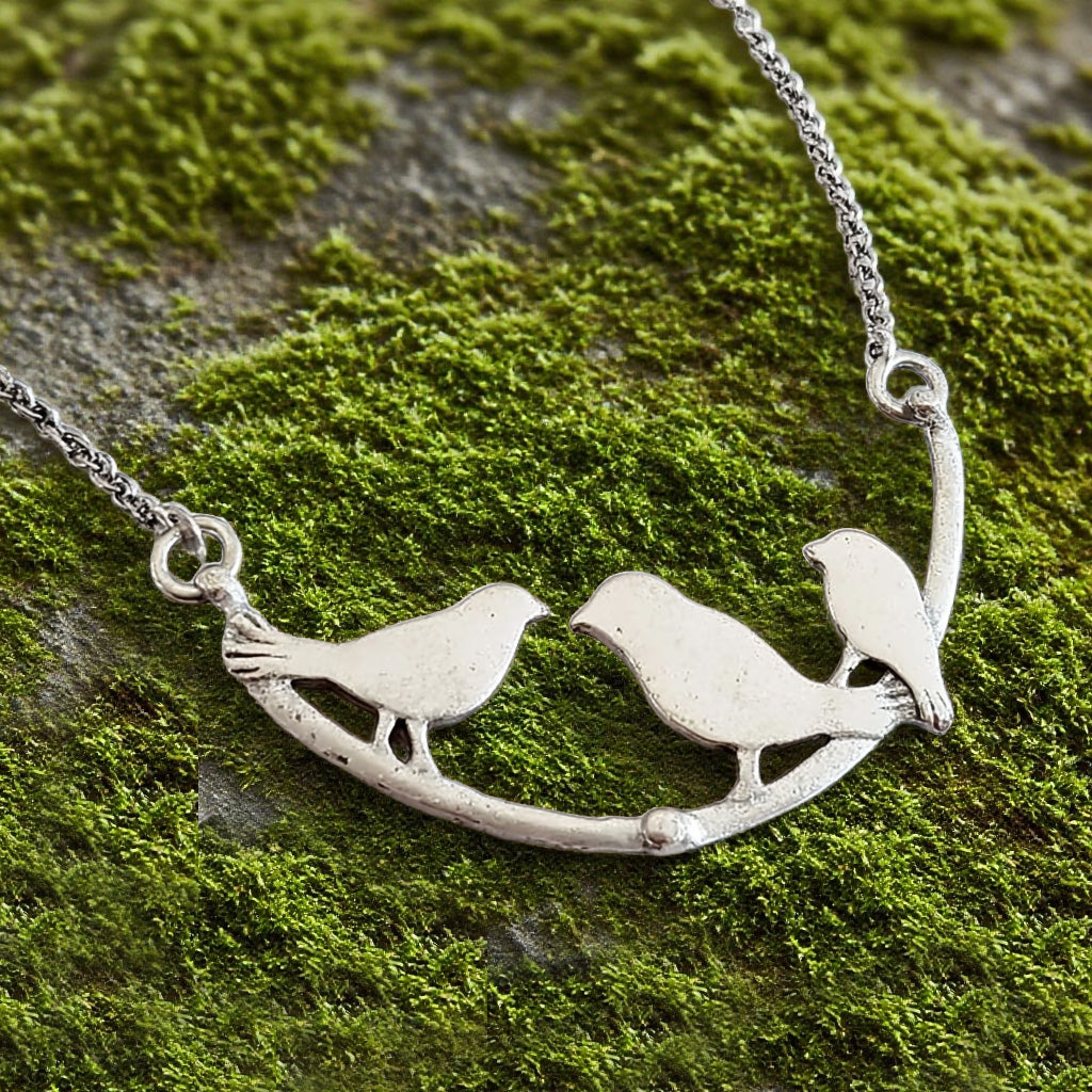 Sterling Silver Birds on Branch Necklace – Family-Inspired Nature Pendant Jewelry for Women & Girls