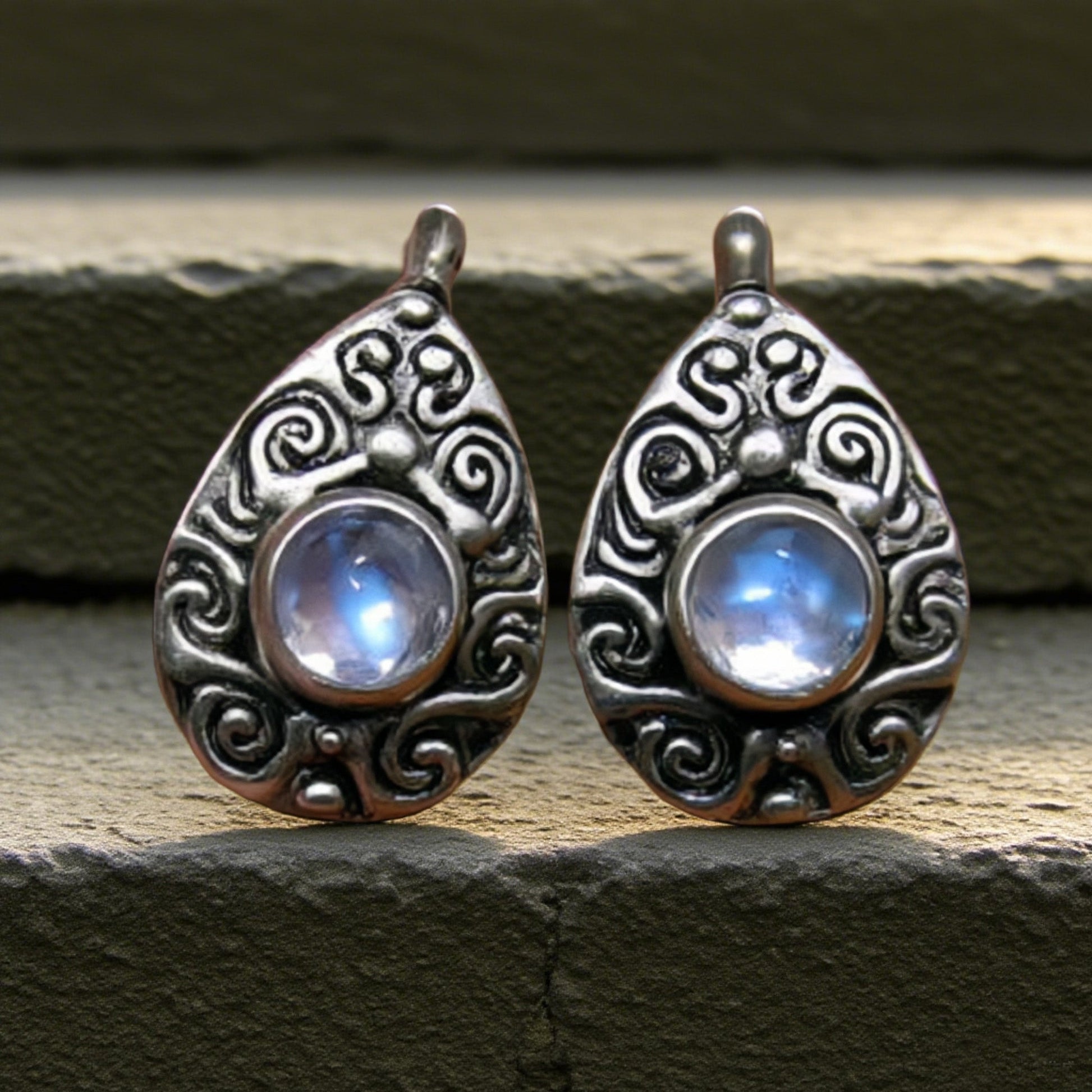Moonstone Teardrop Earrings – Vintage Boho Sterling Silver Swirl Design Goddess Jewelry