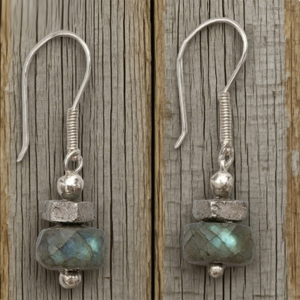 Minimalist Labradorite Drop Earrings with Silver Accents – Handmade Rustic Elegance