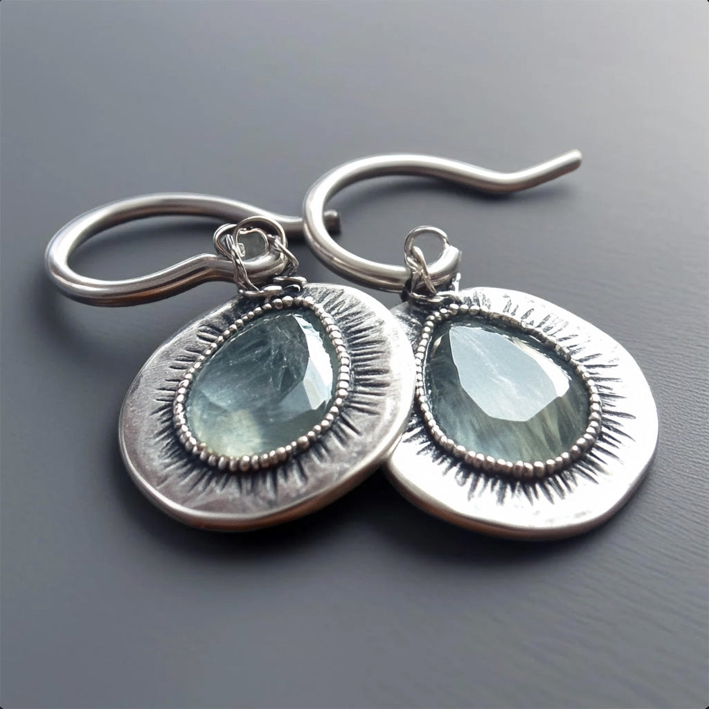 Elegant  Silver Teardrop Earrings – Faceted Gemstone Drops with Sunburst Detailing