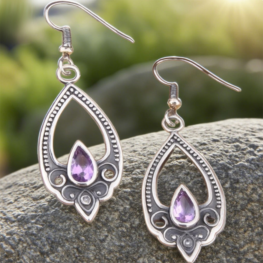 Vintage Teardrop Amethyst Earrings – Boho Filigree Drop Design in Antique Silver