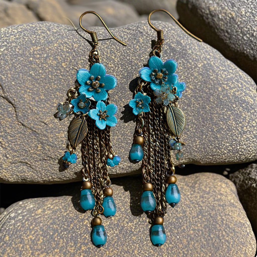 Bohemian Blue Floral Tassel Earrings