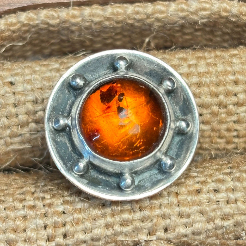 Antique Silver Amber Gemstone Ring - Handmade Jewelry with Intricate Detailing
