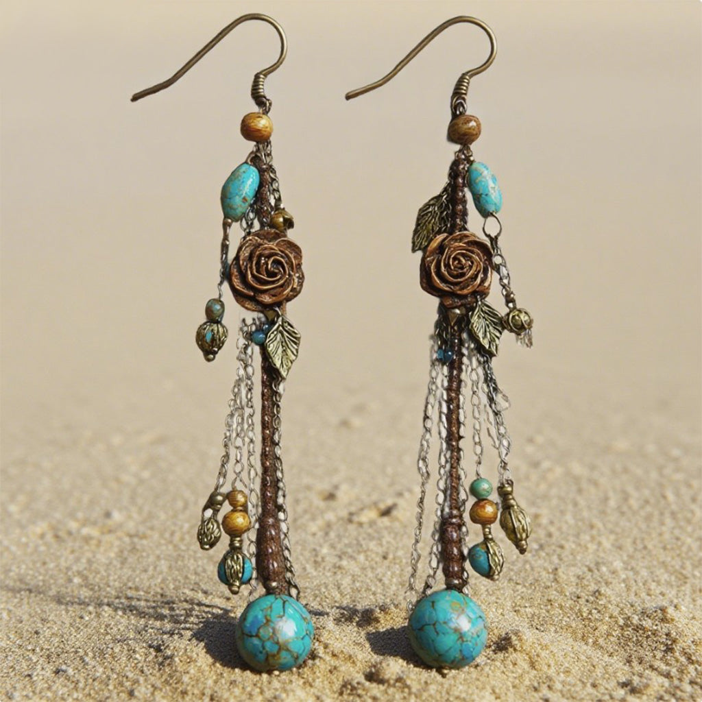 Boho Turquoise Earrings – Rose & Bead Dangle Vintage Floral Long Drop Design