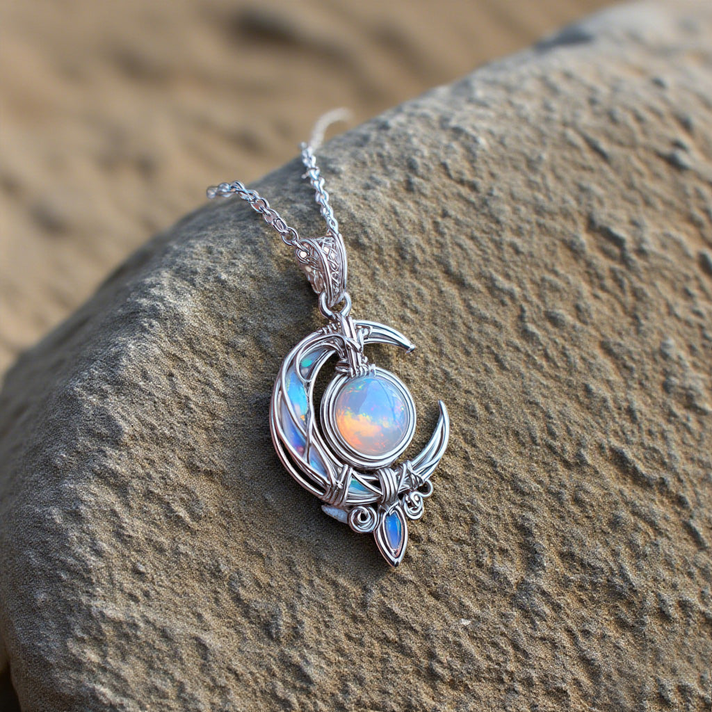 Mystic Moon Pendant Necklace with Opal Stone – Silver Celestial Jewelry for Boho & Fantasy Lovers