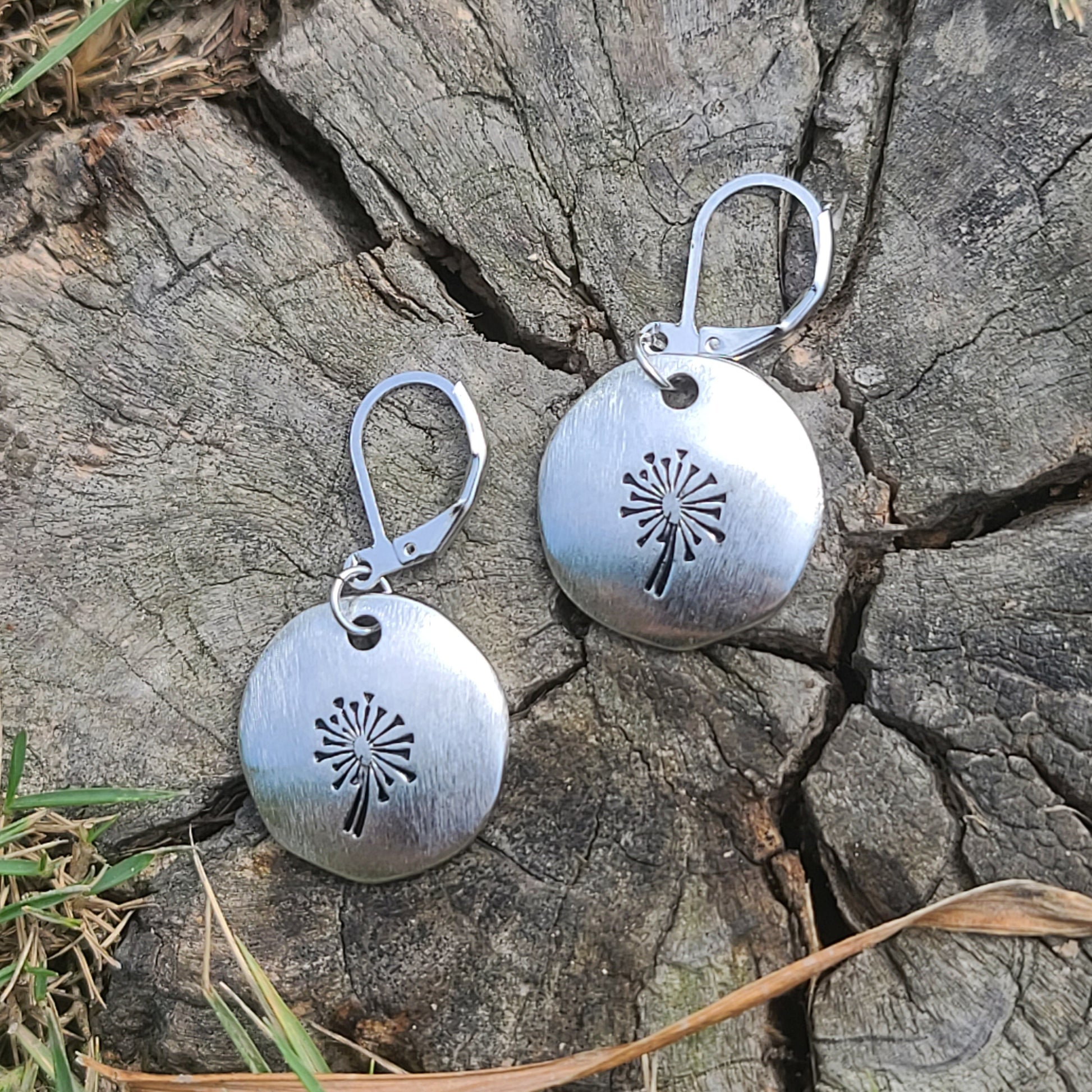 Handmade Brushed Silver Dandelion Earrings – Round Drop Earrings with Leverback Hooks