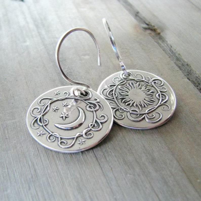 Handmade 925 Silver Carved Sun and Moon Women's Earrings
