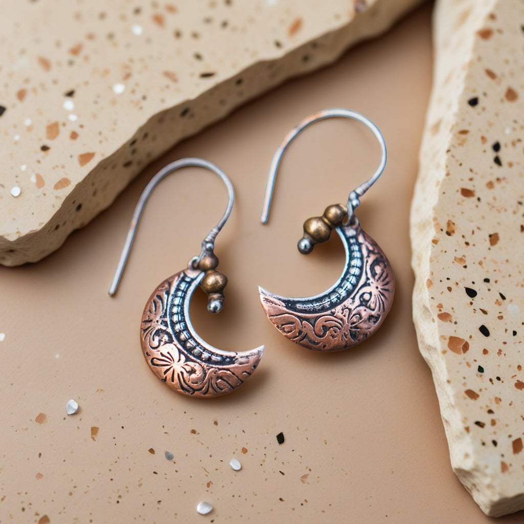Vintage Copper Moon Pendant Women's Earrings