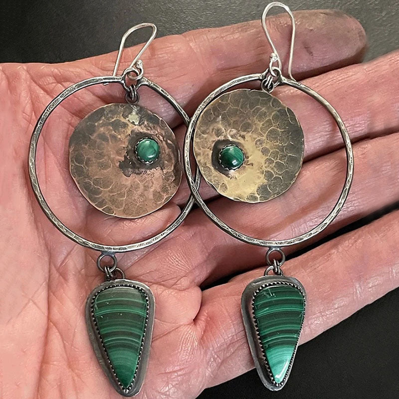 Handcrafted and inlaid malachite pendant earrings for women