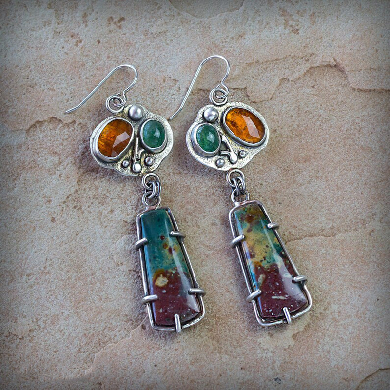 Vintage handmade raw stone pendant women's earrings