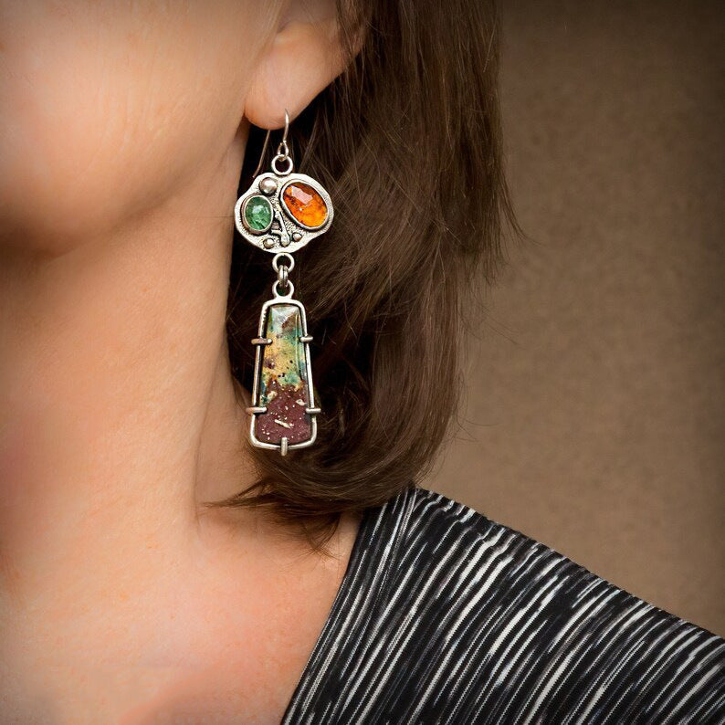 Vintage handmade raw stone pendant women's earrings