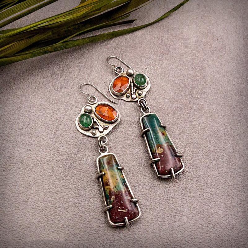 Vintage handmade raw stone pendant women's earrings