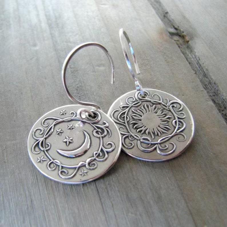 Handmade 925 Silver Carved Sun and Moon Women's Earrings
