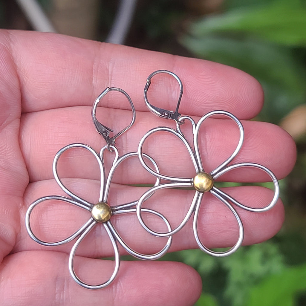 Whimsical Flower Earrings - Handmade Silver Flower Drops with Gold Center