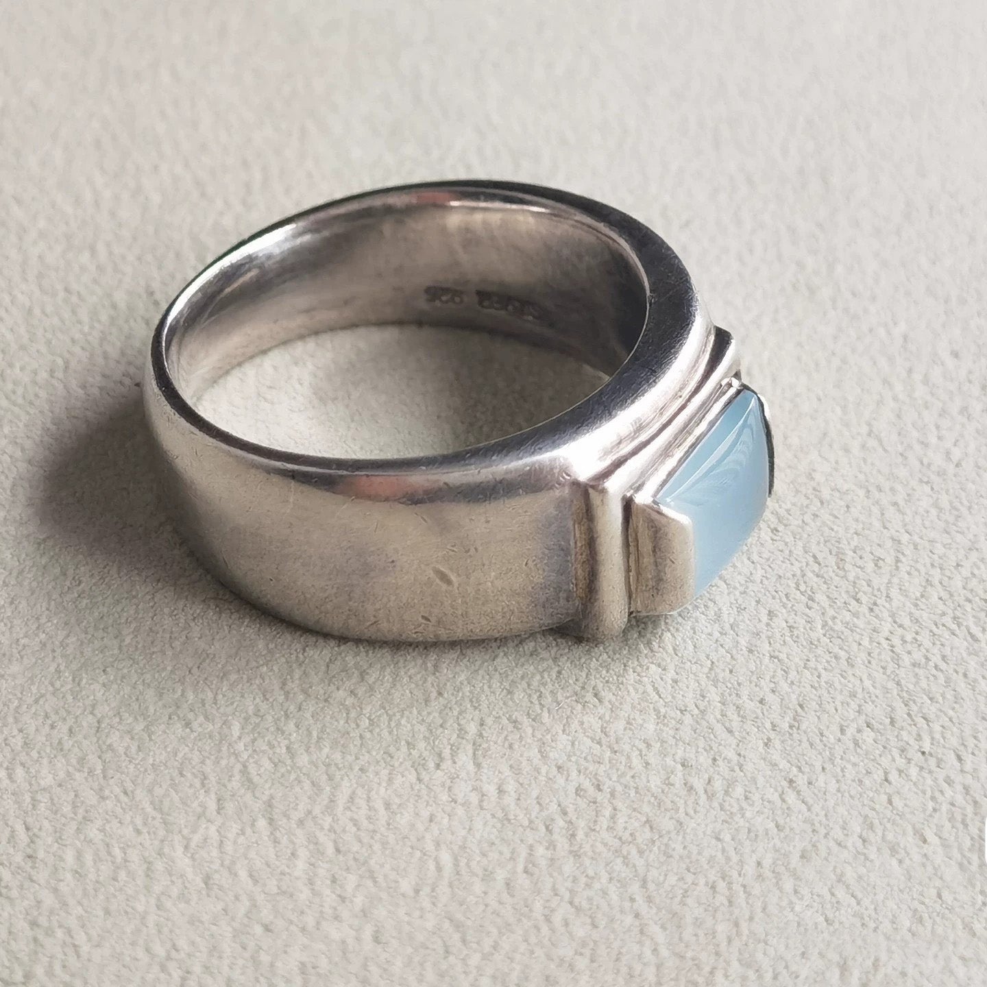 Modern Sterling Silver Ring with Square Blue Stone – Minimalist Wide Band Unisex Design