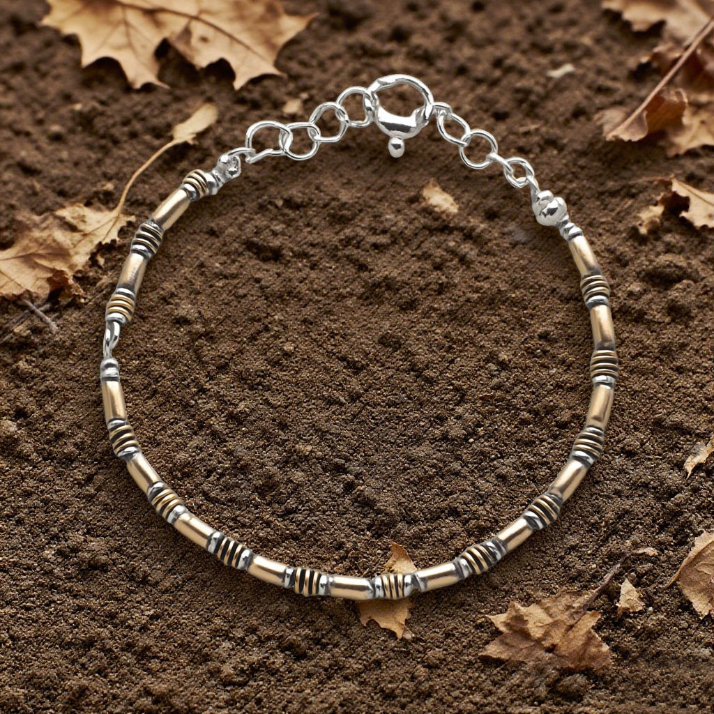 Minimalist Two-Tone Tube Bead Bracelet – Handcrafted Brass & Silver Plated Adjustable Chain for Men & Women