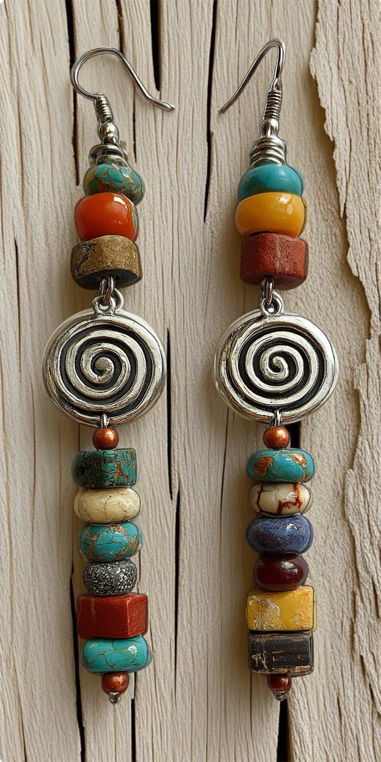 Bohemian Tribal Spiral Earrings – Colorful Stacked Beads & Antique Silver Swirl Design