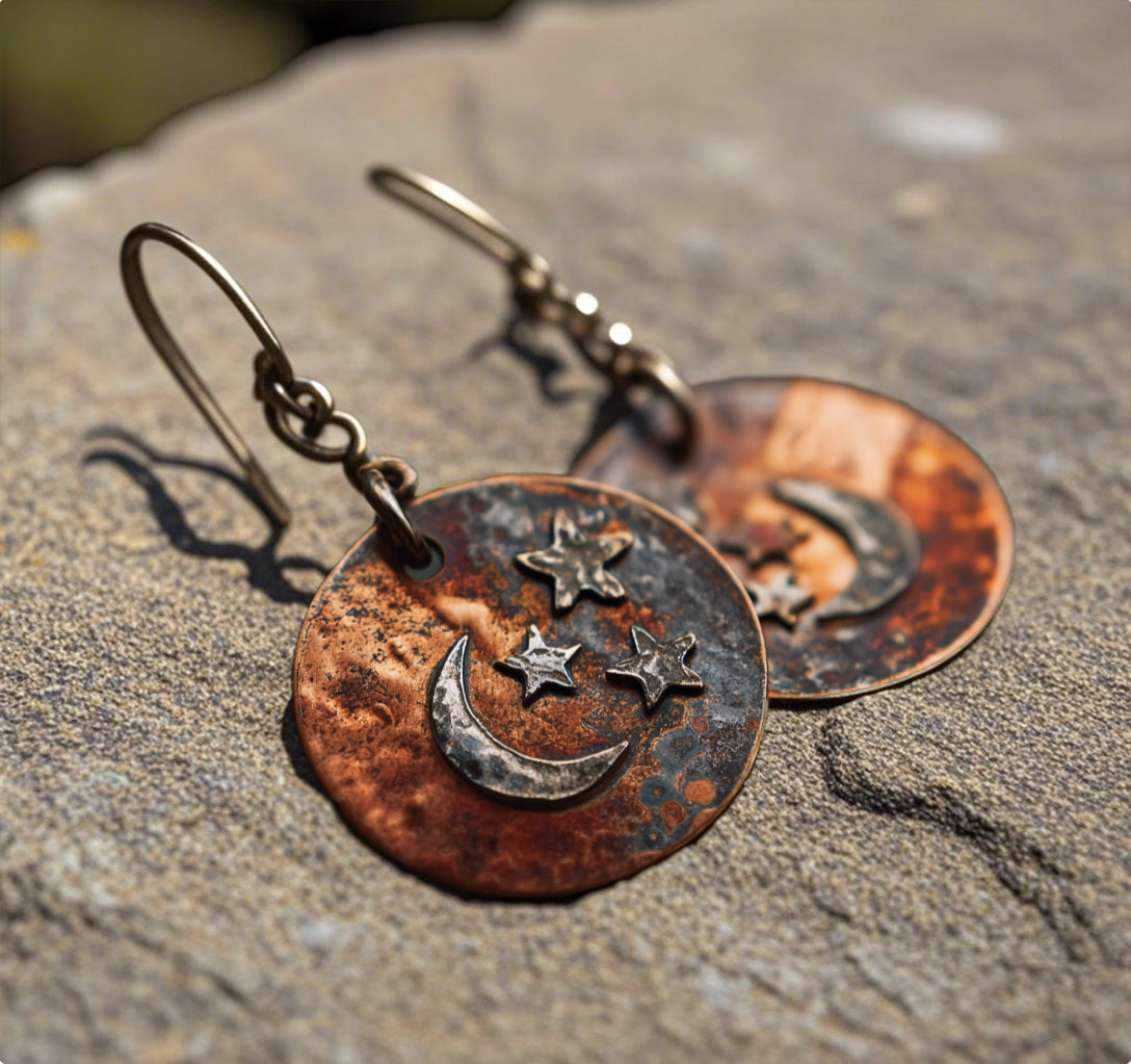 Rustic Copper Moon & Stars Dangle Earrings