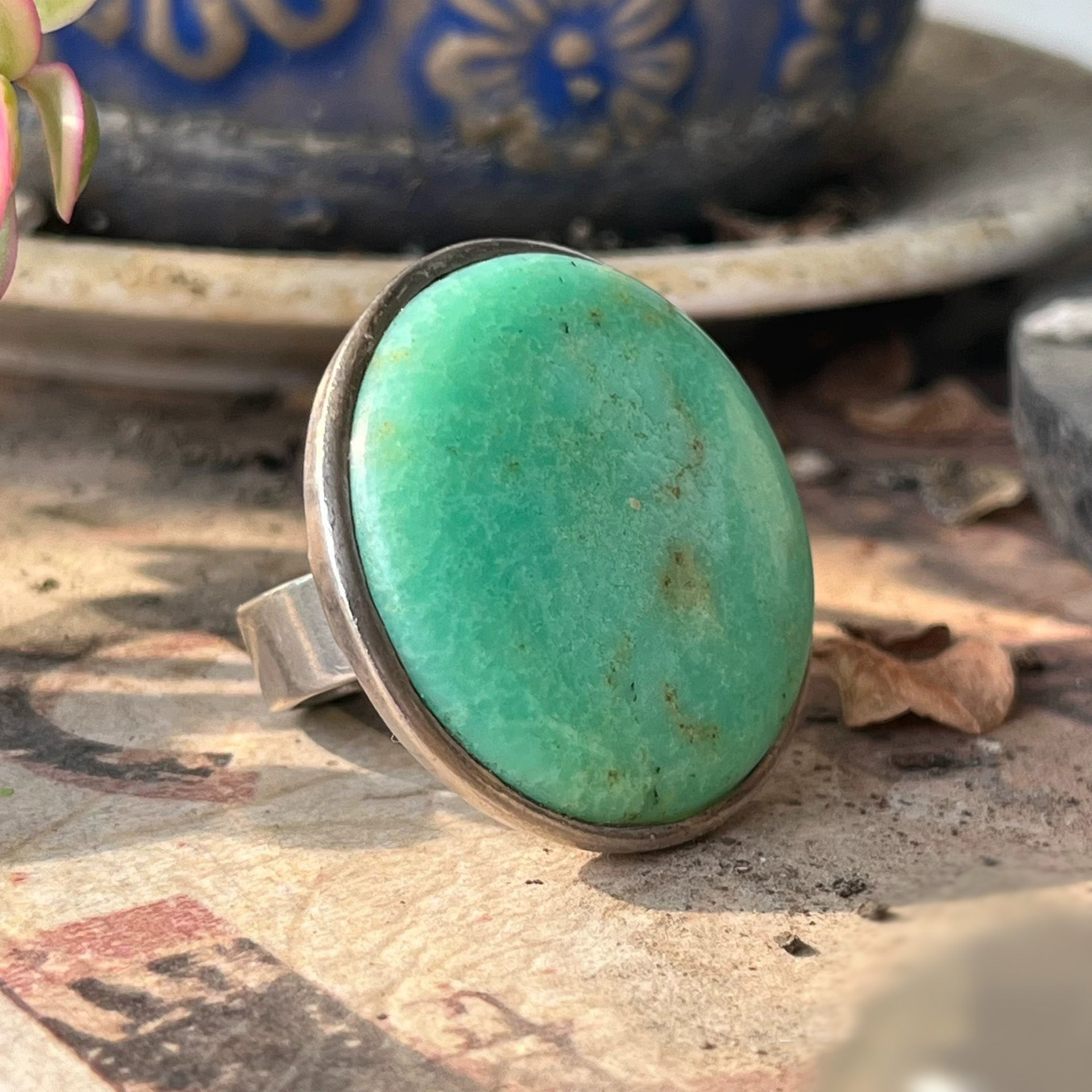 Bold Oval Green Stone Ring – Handmade Sterling Silver 925 Statement Ring