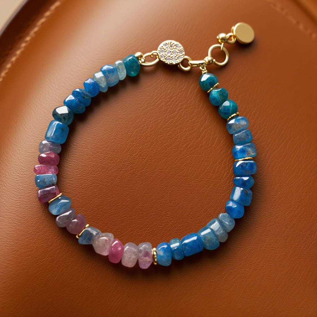 Natural Sapphire Gradient Bead Bracelet – Handcrafted Gemstone Jewelry with Gold Accents