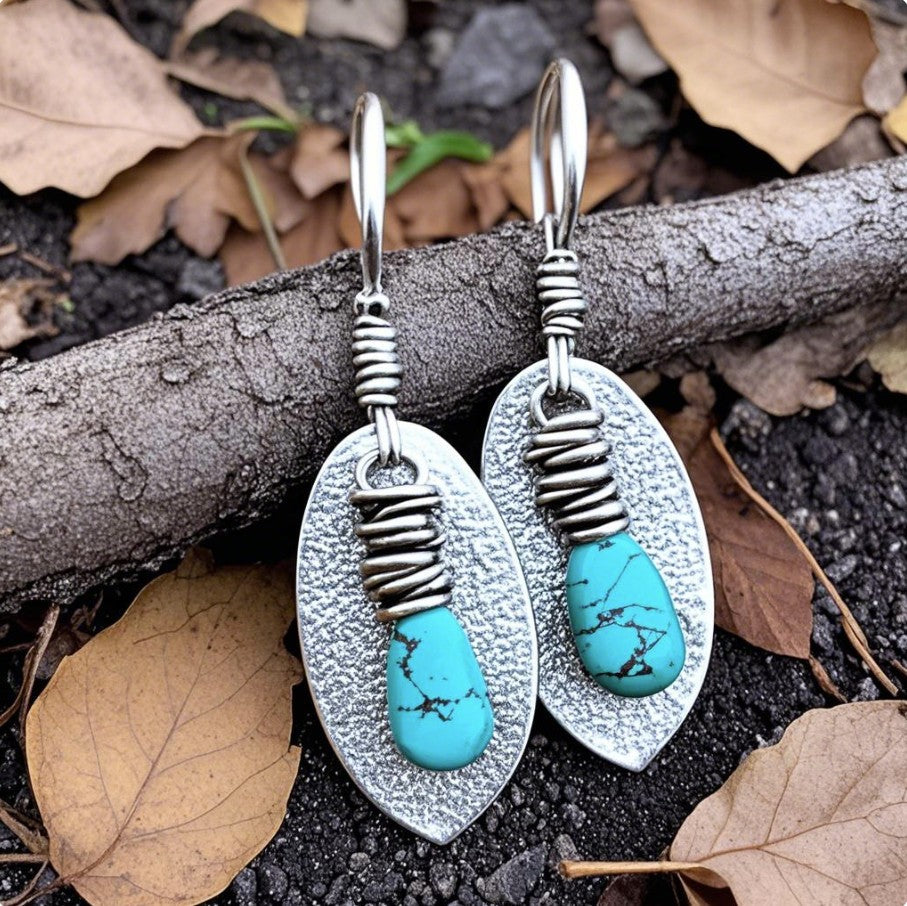Handmade Turquoise Drop Earrings – Rustic Oval Dangle Earrings with Wrapped Wire Detai