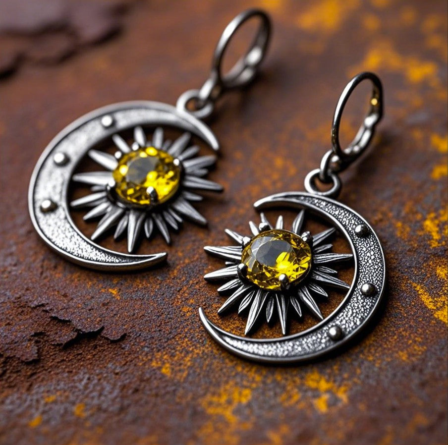 Sun and Moon Sterling Silver Earrings with Yellow Gemstone