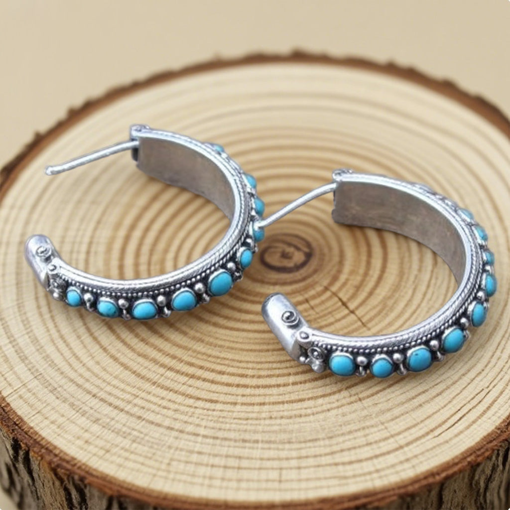 Vintage Silver Half Hoop Earrings with Turquoise Accents – Bohemian Tribal Style Jewelry
