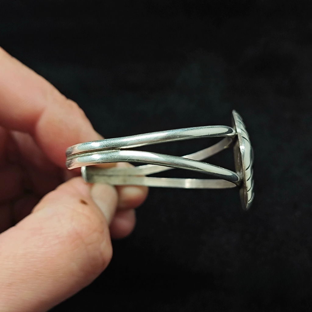 Handmade Sterling Silver Cuff Bracelet with Black Onyx – Geometric Shield Design Double Band Bangle