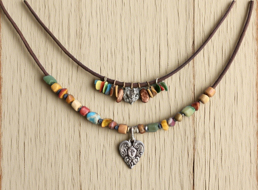 Boho Layered Beaded Necklace with Heart Pendant – Handmade Tribal Style with Natural Stone & Leather Cord