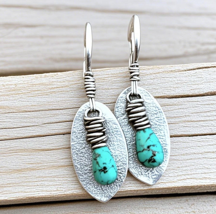 Handmade Turquoise Drop Earrings – Rustic Oval Dangle Earrings with Wrapped Wire Detai