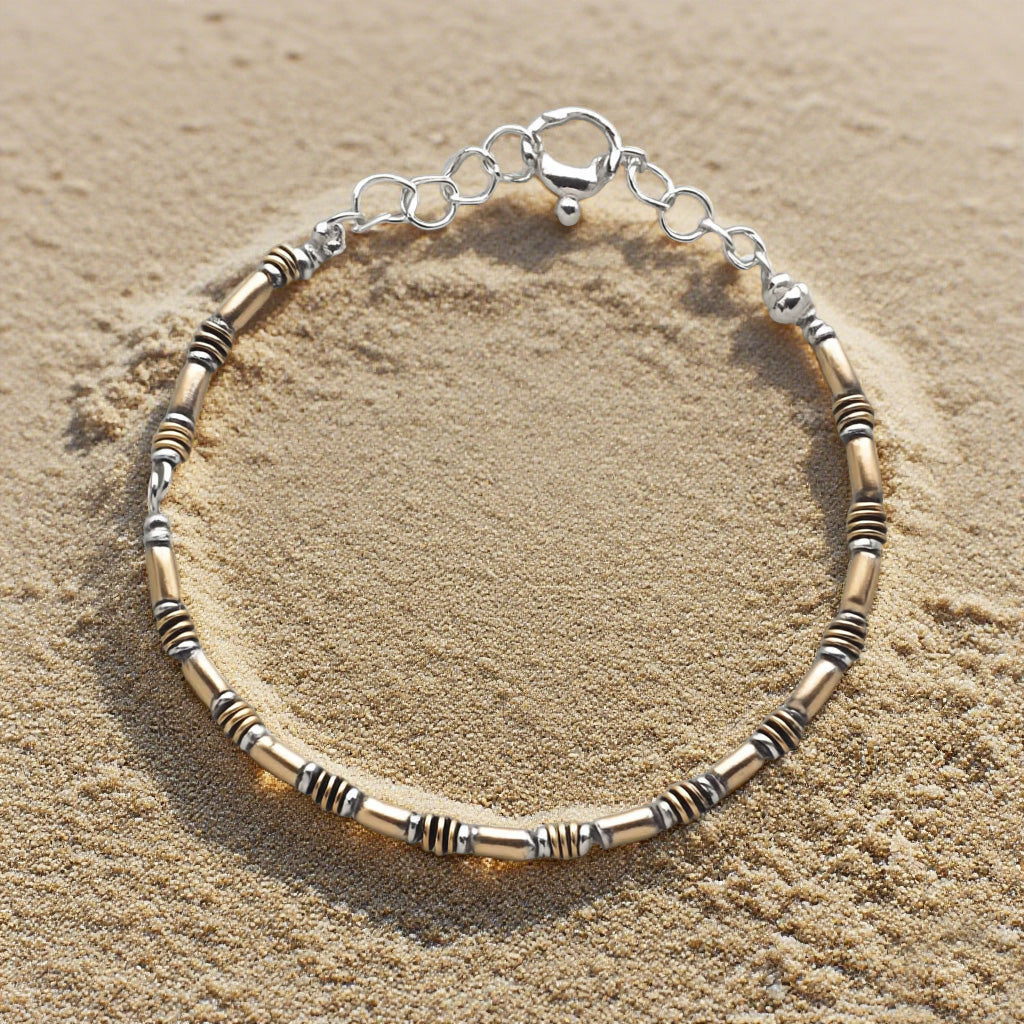 Minimalist Two-Tone Tube Bead Bracelet – Handcrafted Brass & Silver Plated Adjustable Chain for Men & Women
