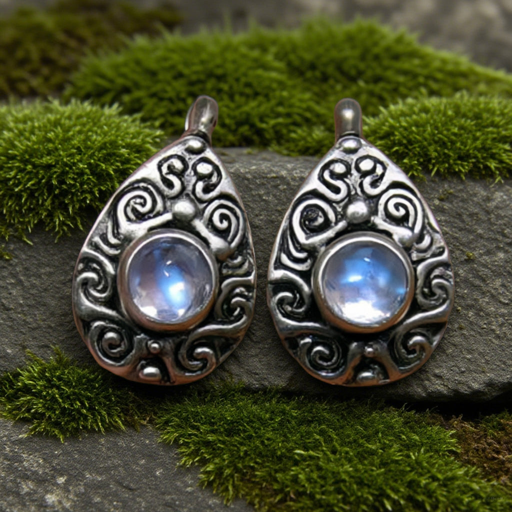 Moonstone Teardrop Earrings – Vintage Boho Sterling Silver Swirl Design Goddess Jewelry