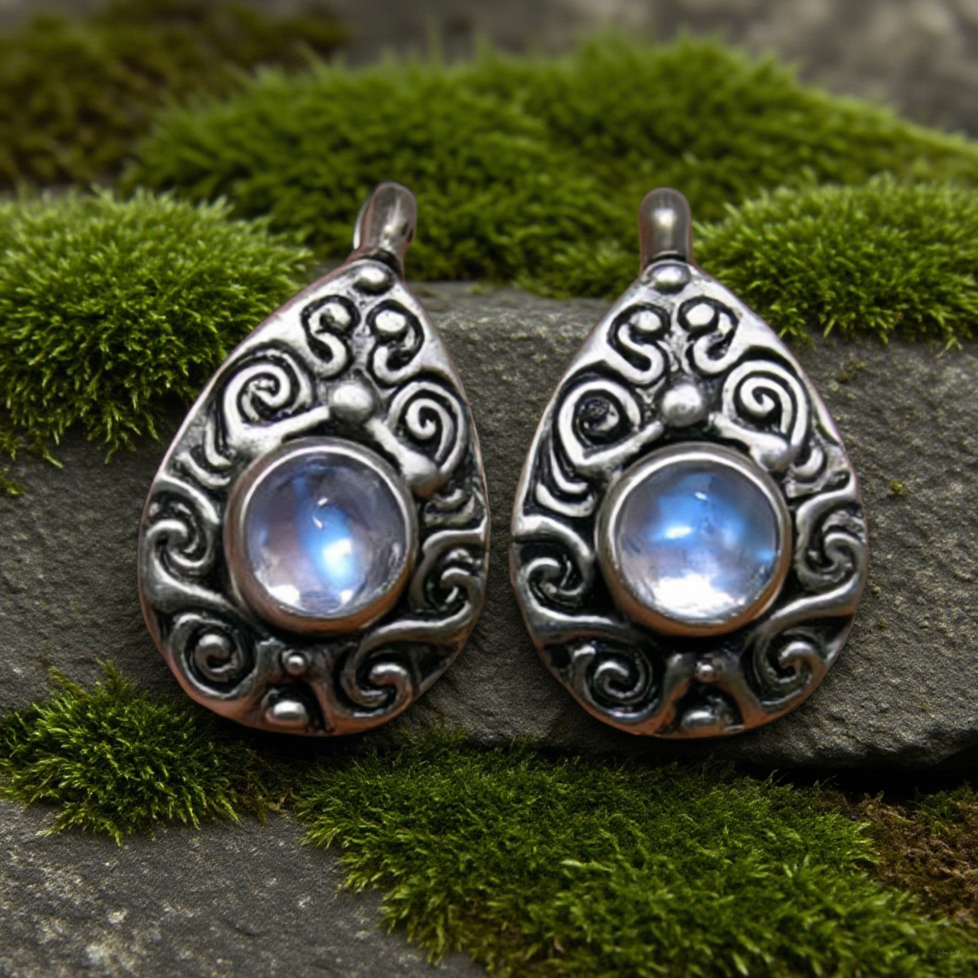 Moonstone Teardrop Earrings – Vintage Boho Sterling Silver Swirl Design Goddess Jewelry