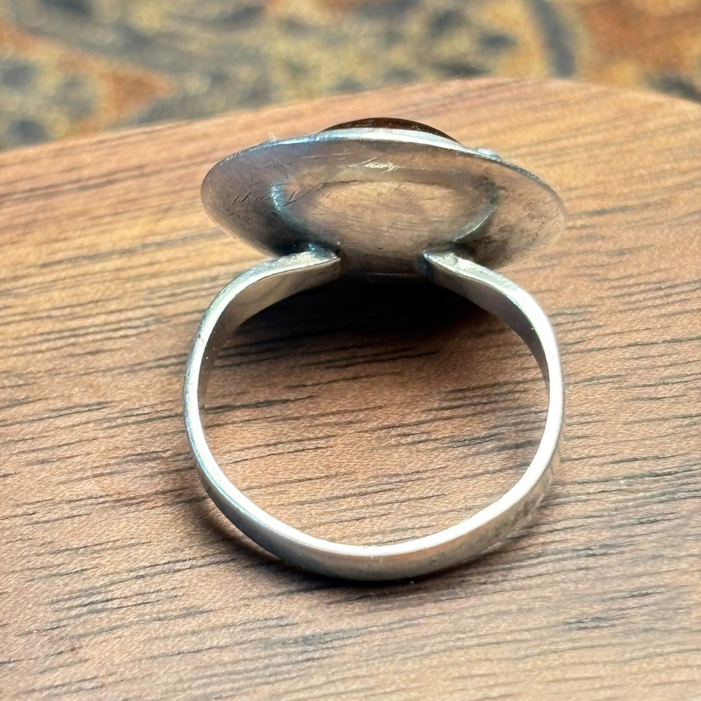 Antique Silver Amber Gemstone Ring - Handmade Jewelry with Intricate Detailing