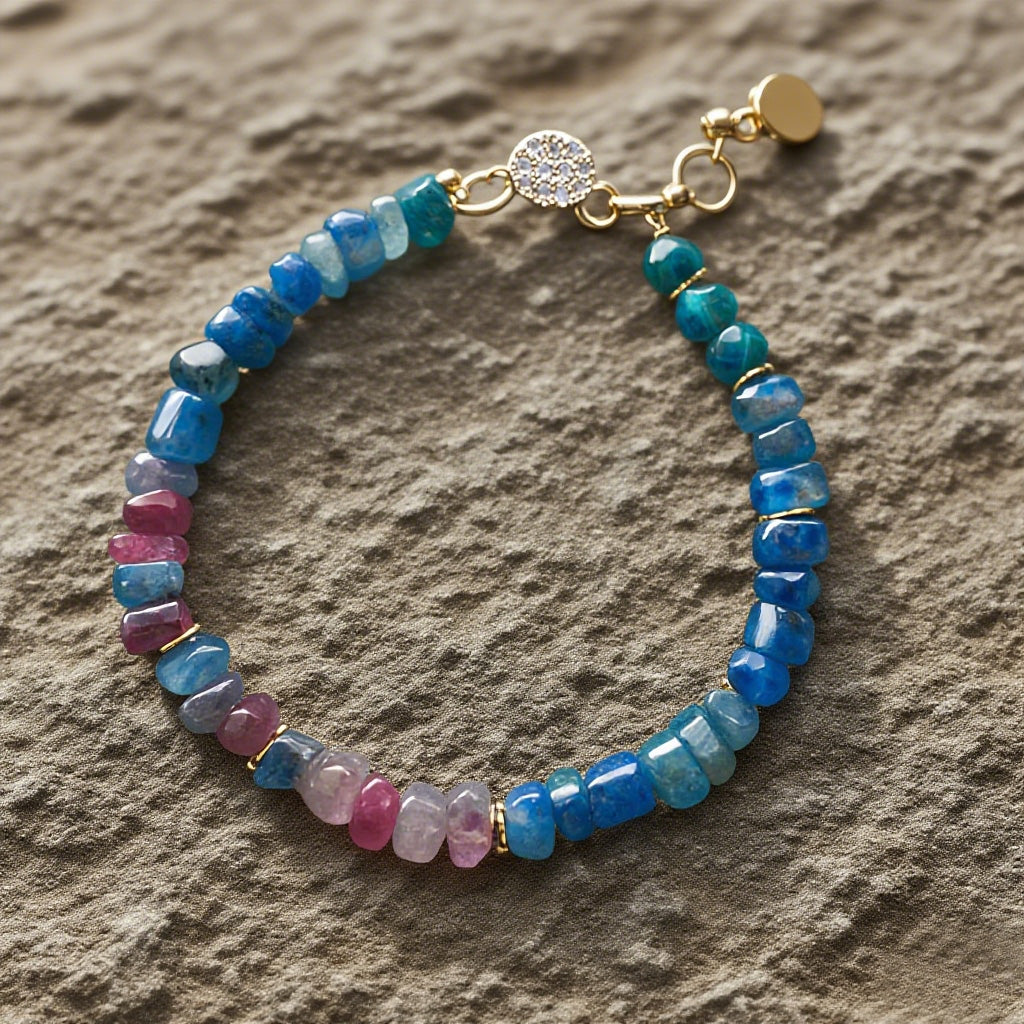 Natural Sapphire Gradient Bead Bracelet – Handcrafted Gemstone Jewelry with Gold Accents