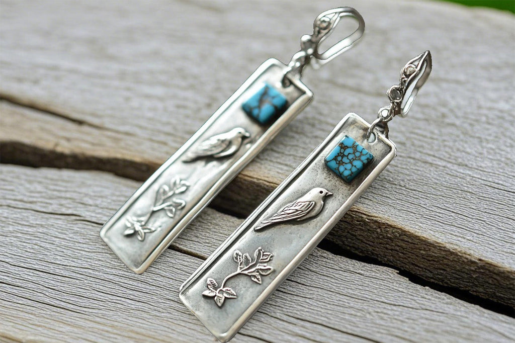 Nature-Inspired Jewelry for Women-Handmade Silver-Tone Dangle Earrings with Turquoise Accent