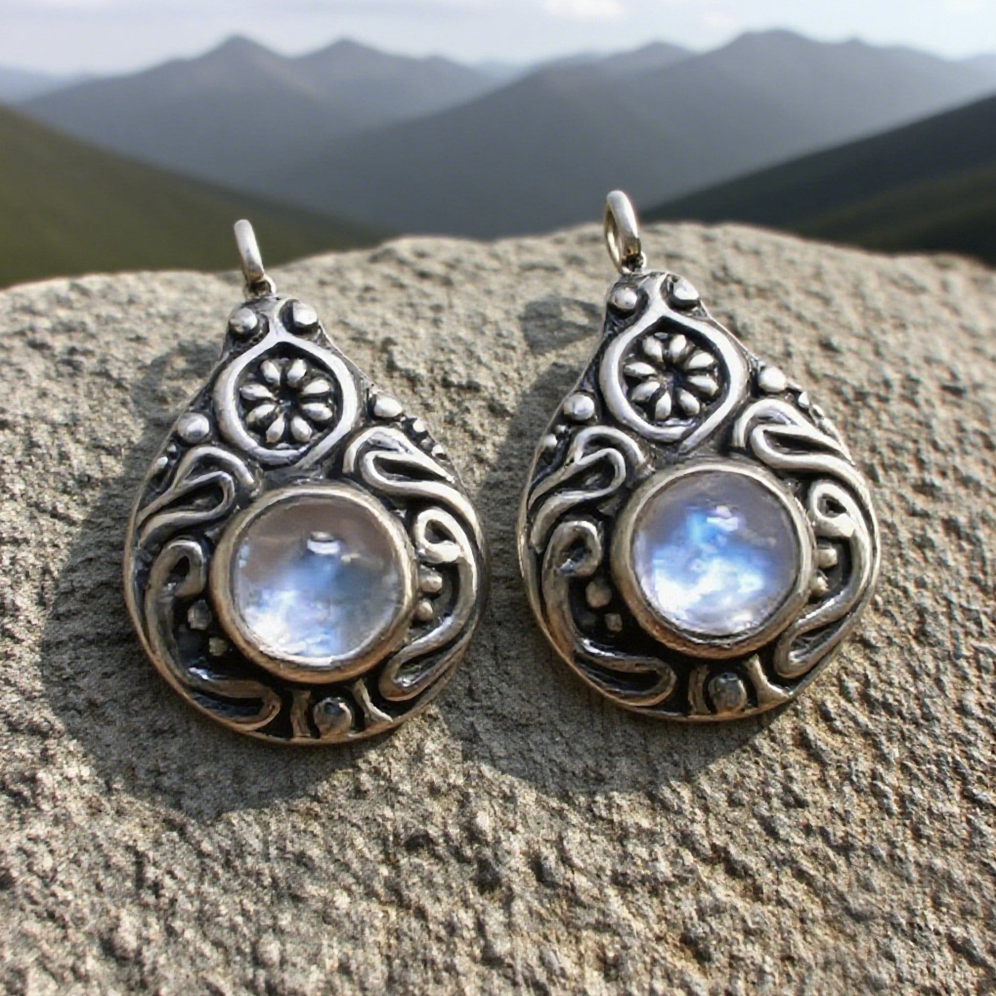 Sterling Silver Moonstone Drop Earrings with Intricate Floral Design