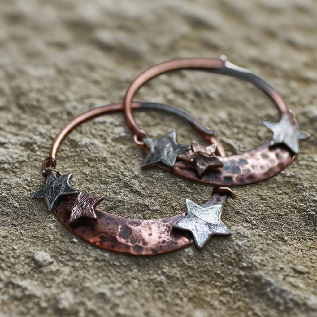 Rustic Hammered Copper Hoop Earrings with Silver Star Accents