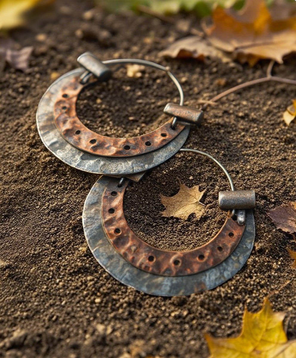 Vintage Double-Layer Hammered Metal Hoop Earrings