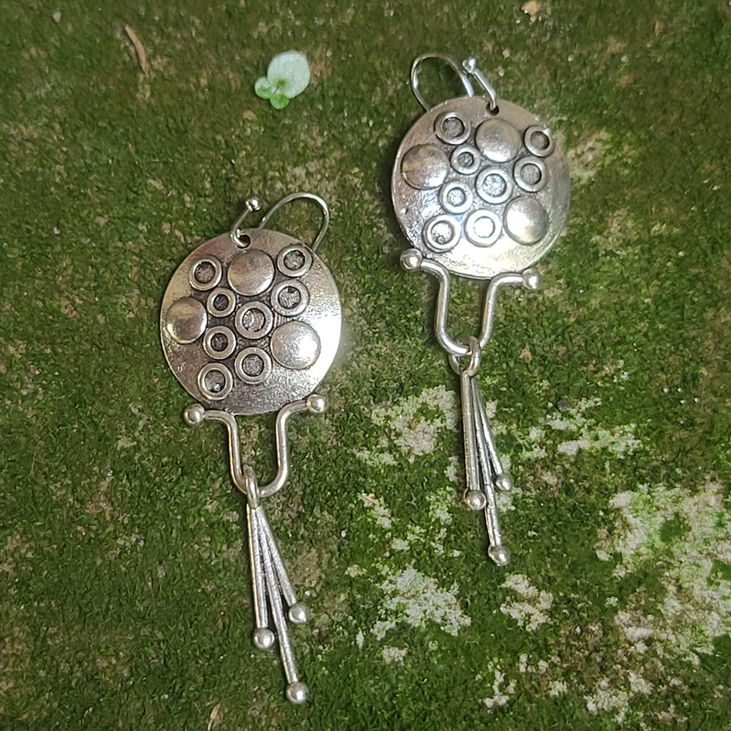 Vintage Geometric Dangle Earrings – Antique Silver Circle Drop with Tribal Tassels