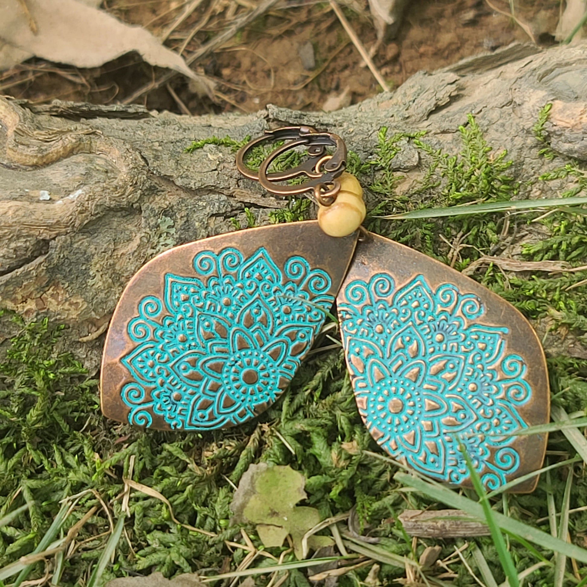 Boho Mandala Drop Earrings – Antique Bronze & Turquoise Engraved Tribal Statement Jewelry